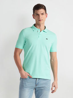 Arrow Sports - Green Solid Patterned Collar Polo T-Shirt