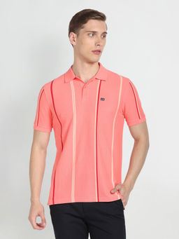 Arrow Sports - Pink Cotton Vertical Stripe Polo T-Shirt