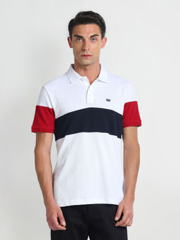 Arrow Sports - White Colour Blocked Cotton Polo T-Shirt