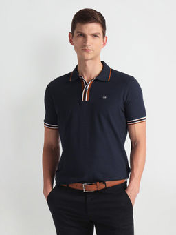 Arrow Sports - Navy Blue Tipped Collar Solid Polo T-Shirt