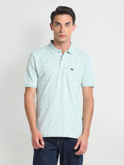 Arrow Sports - Green Tropical Print Cotton Polo T-Shirt