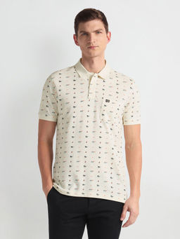 Arrow Sports - Beige Ribbed Collar Graphic Print Polo T-Shirt