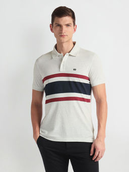 Arrow Sports - Grey Horizontal Stripe Pique Polo T-Shirt