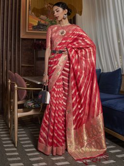 Akhilam - Womens Organza Red Woven Designer Saree with Unstitched Blouse