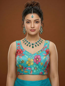Niraha - Women Aqua Silk Saree Sweetheart Sleeveless Party Wear Blouse