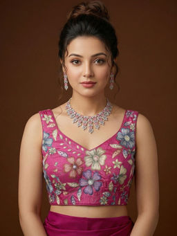 Niraha - Women Magenta Silk Saree Sweetheart Sleeveless Party Wear Blouse