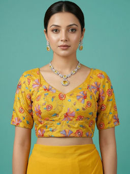 Niraha - Women Yellow Silk Saree Sweetheart Sleeveless Party Wear Blouse