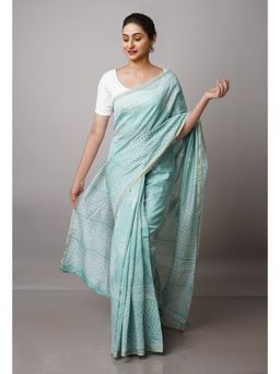 Unnati Silks - Blue Pure Block Printed Chanderi Sico Saree with Unstitched Blouse