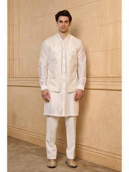 TASVA - White Polycotton Full Sleeves Embroidered Kurta With Nehru Jackets & Pyjama