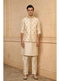 TASVA - Beige Polyviscose Full Sleeves Embroidered Kurta With Nehru Jackets & Pyjama