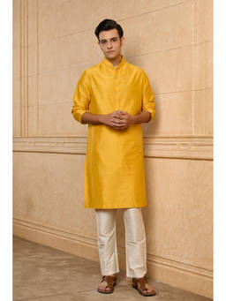 TASVA - Yellow Viscose Blend Full Sleeves Solid/Plain Kurta