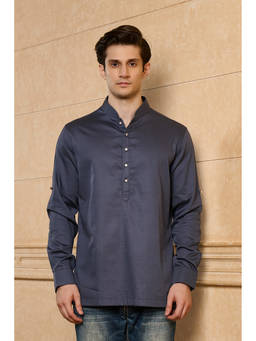 TASVA - Blue Cotton Full Sleeves Solid/Plain Short Kurta