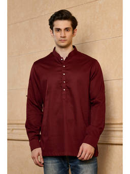 TASVA - Wine Cotton Full Sleeves Solid/Plain Short Kurta
