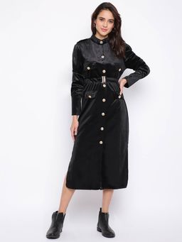 IKI CHIC - Black Velvet High Neck Puff Sleeve Belted Midi Dress