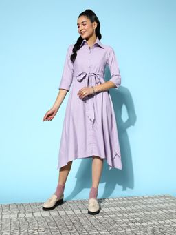 Yufta - Women Lavender Cotton Lurex Fit and Flare Dress with Belt Beads & Buttons (Set of 2)