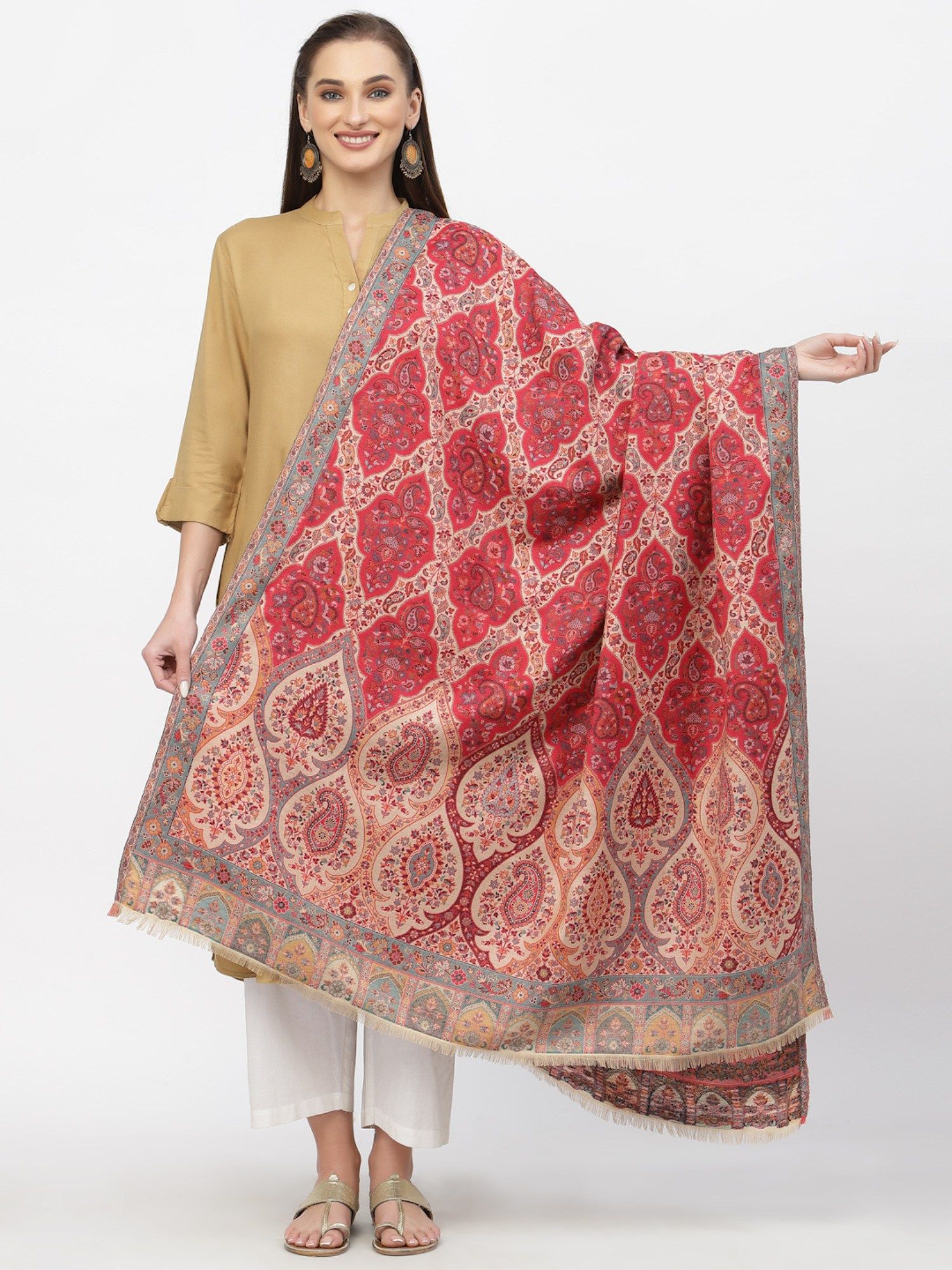 anekaant Paisan Beige and Red Double Beam Kaani Floral Polyester Modal Shawl-picture-32