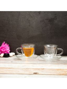 EZ Life - Borosilicate Double Walled Heart Shape 6 Cup & 6 Saucer Set Glass - Transparent- 180 ml