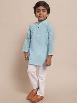 Superminis - Blue Boys Cotton Festive Wear Kurta and Pyjama