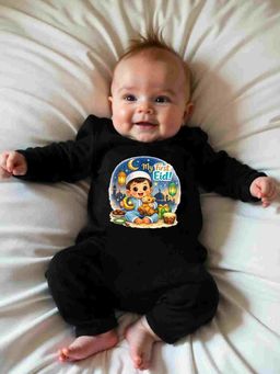 KNITROOT - Cotton Knit Eid Theme My First Eid Text Printed Romper - Black