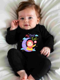 KNITROOT - Cotton Knit Eid Theme My First Eid Text Printed Romper - Black