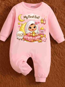KNITROOT - Cotton Knit Eid Theme My First Eid! Text Printed Romper - Pink