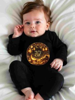 KNITROOT - Cotton Knit Eid Theme My First Eid Text Printed Romper - Black