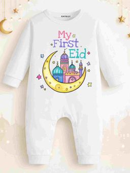 KNITROOT - Cotton Knit Eid Theme My First Eid Text Printed Romper - White