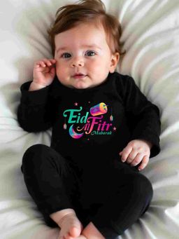 KNITROOT - Cotton Knit Eid Theme Eid Al Fitr Mubarak Text Printed Romper - Black