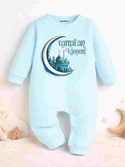 KNITROOT - Cotton Knit Eid Theme Ramadan Kareem Text Printed Romper - Blue