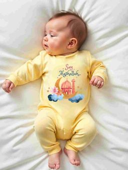 KNITROOT - Cotton Knit Eid Theme Say Mashallah... Text Printed Romper - Yellow