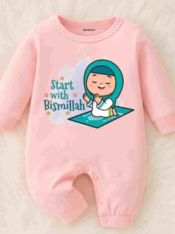 KNITROOT - Cotton Knit Eid Theme Start with Bismillah Text Printed Romper - Pink