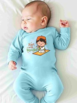 KNITROOT - Cotton Knit Eid Theme Start with Bismillah Text Printed Romper - Blue