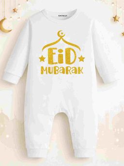 KNITROOT - Cotton Knit Eid Theme Eid Mubarak Text Printed Romper - White