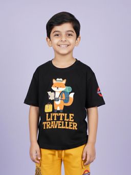 KiddoPanti - Boys Cotton Chest Printed Drop Shoulder Round Neck T-Shirt