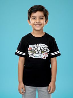 KiddoPanti - Boys Cotton Chest Printed Drop Shoulder Round Neck T-Shirt