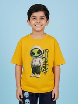 KiddoPanti - Boys Cotton Chest Printed Drop Shoulder Round Neck T-Shirt