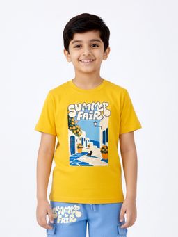 KiddoPanti - Boys Cotton Chest Printed Drop Shoulder Round Neck T-Shirt