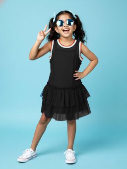 KiddoPanti - Girls Black Sleeveless Cotton Dress with Detachable Ruffel Net Overlay