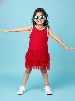 KiddoPanti - Girls Pink Sleeveless Cotton Dress with Detachable Ruffel Net Overlay