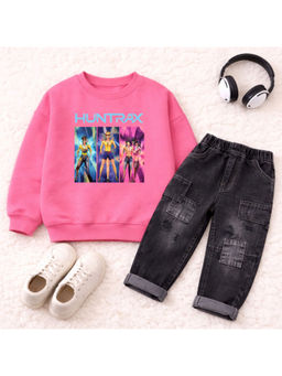 Googo Gaaga - Kids Girls Cotton Printed Full Sleeve Sweatshirt and Jeans
