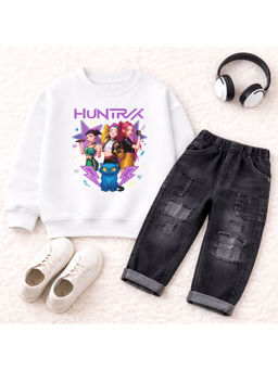 Googo Gaaga - Kids Girls Cotton Printed Full Sleeve Sweatshirt and Jeans