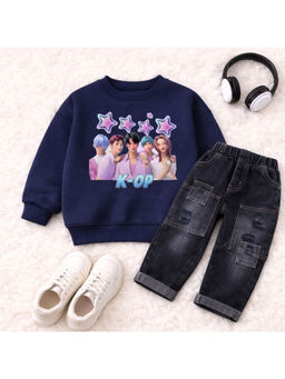 Googo Gaaga - Kids Boys Cotton Printed Full Sleeves Sweatshirt with Jeans Set