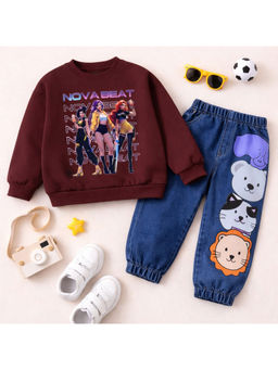 Googo Gaaga - Kids Girls Cotton Printed Full Sleeve Sweatshirt and Jeans