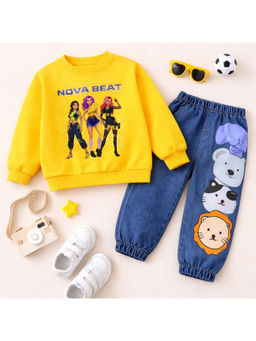 Googo Gaaga - Kids Girls Cotton Printed Full Sleeve Sweatshirt and Jeans