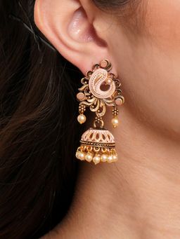 Karatcart - Antique Gold Plated Peach Stone with Meena Jhumki Earrings for Women