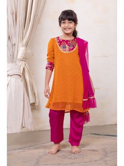Tura Turi - Orange Georgette Kurta with Pink Palazzo Pants (Set of 2)