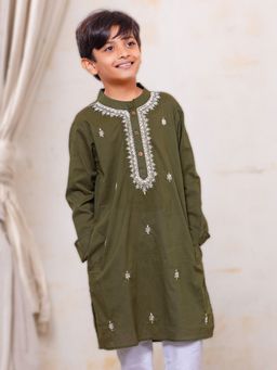 Tura Turi - Olive Embroidered Regular Fit Kurta and Pyjama (Set of 2)