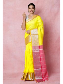 Unnati Silks - Yellow Pure Handloom Mangalgiri Silk Saree UNM74326 with Unstitched Blouse