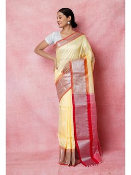Unnati Silks - Cream Pure Handloom Mangalgiri Silk Saree UNM74341 with Unstitched Blouse