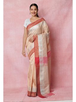 Unnati Silks - Cream Pure Handloom Chettinad Silk Saree UNM74374 with Unstitched Blouse